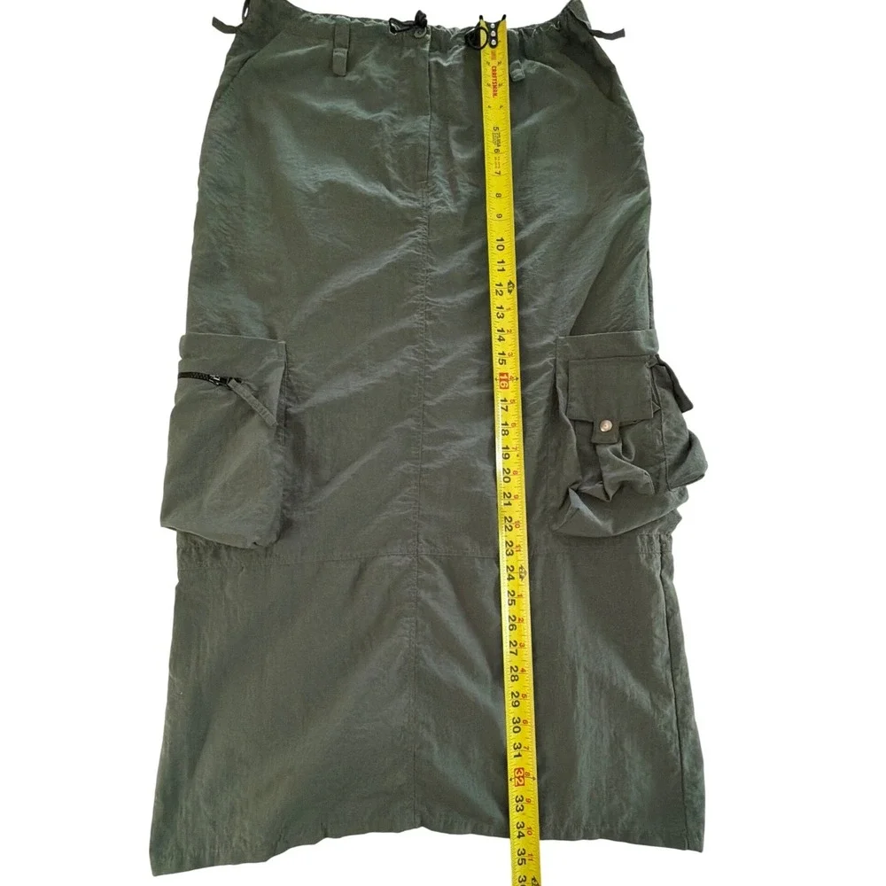 Jacques Ruc Olive Green Nylon Cargo‎ Maxi Skirt Utilitarian Gorpcore Size Small